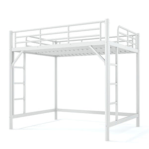 English Elm Full Size Iron Loft Bed with Dual Ladders Guardrails and Open Floor Space Below White W1580P455016