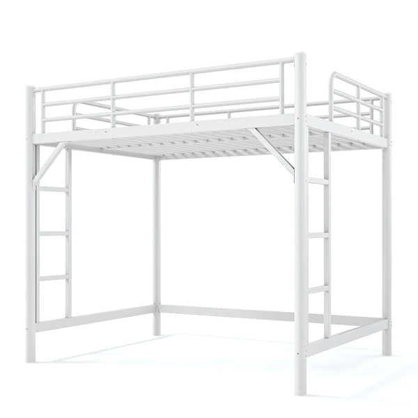 English Elm Full Size Iron Loft Bed with Dual Ladders Guardrails and Open Floor Space Below White W1580P455016