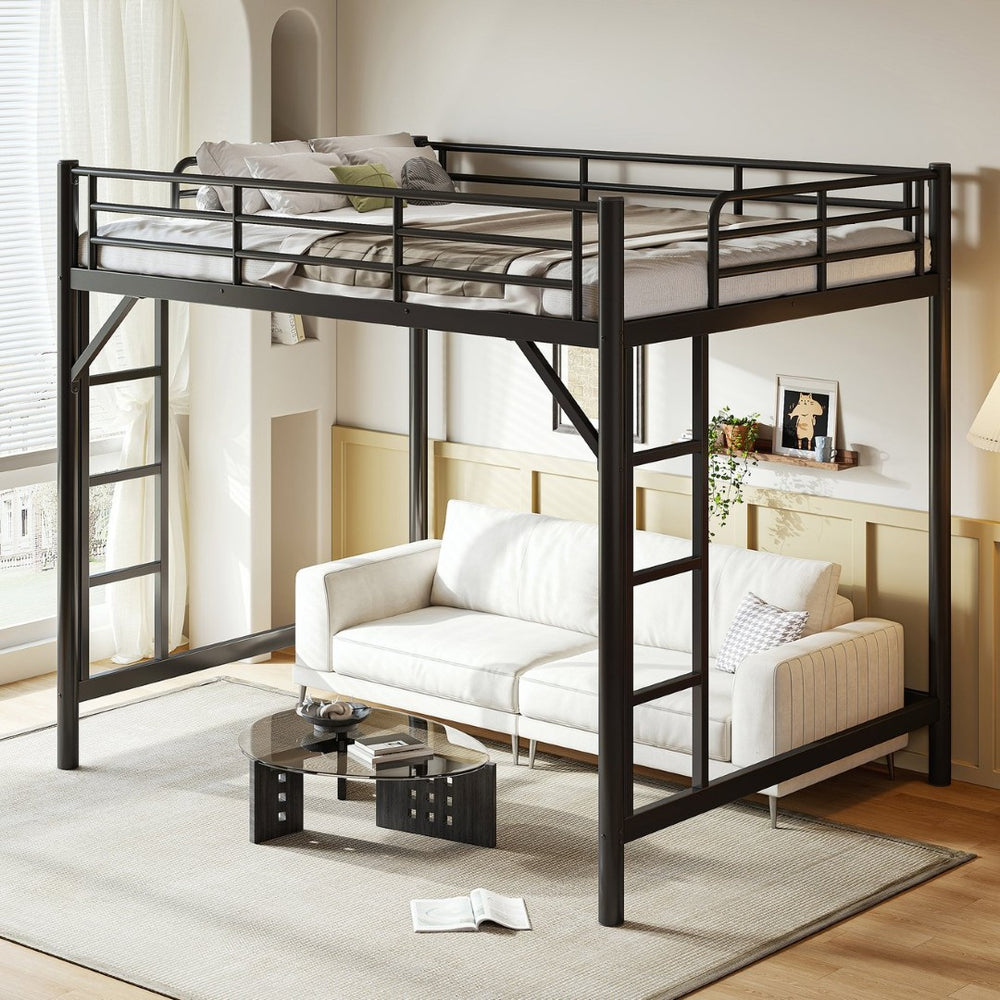 English Elm Queen Iron Loft Bed with Guardrails and Ladder Space Saving Industrial Sleeping Platform W1580P455017