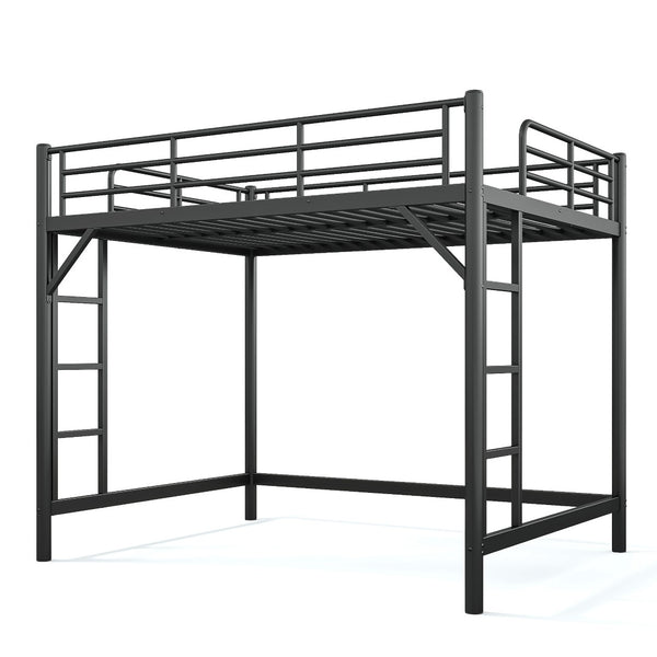 English Elm Queen Iron Loft Bed with Guardrails and Ladder Space Saving Industrial Sleeping Platform W1580P455017