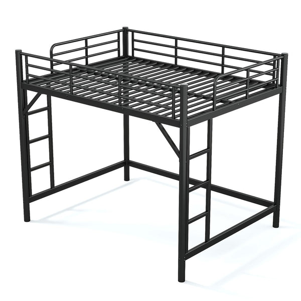 English Elm Queen Iron Loft Bed with Guardrails and Ladder Space Saving Industrial Sleeping Platform W1580P455017