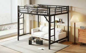 English Elm Queen Iron Loft Bed with Guardrails and Ladder Space Saving Industrial Sleeping Platform W1580P455017