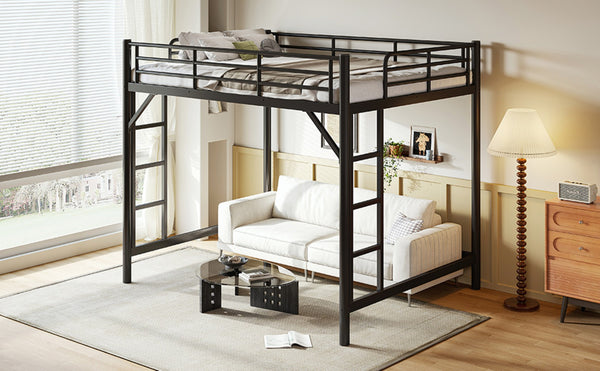 English Elm Queen Iron Loft Bed with Guardrails and Ladder Space Saving Industrial Sleeping Platform W1580P455017