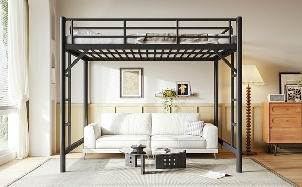 English Elm Queen Iron Loft Bed with Guardrails and Ladder Space Saving Industrial Sleeping Platform W1580P455017