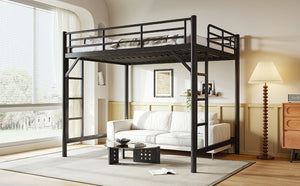English Elm Queen Iron Loft Bed with Guardrails and Ladder Space Saving Industrial Sleeping Platform W1580P455017