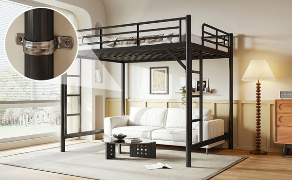 English Elm Queen Iron Loft Bed with Guardrails and Ladder Space Saving Industrial Sleeping Platform W1580P455017
