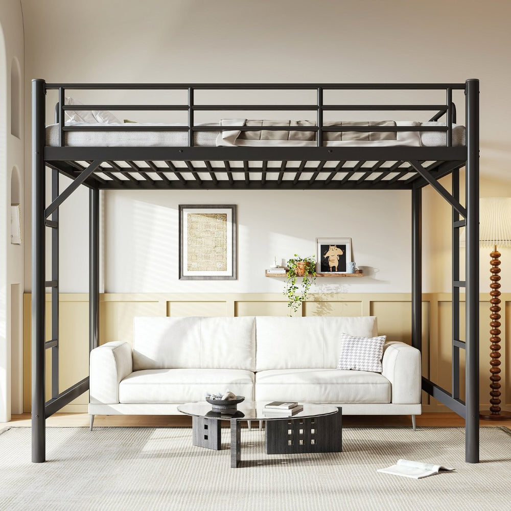 English Elm Queen Iron Loft Bed with Guardrails and Ladder Space Saving Industrial Sleeping Platform W1580P455017