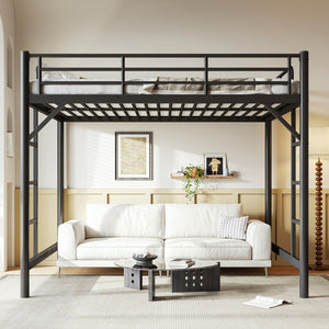 English Elm Queen Iron Loft Bed with Guardrails and Ladder Space Saving Industrial Sleeping Platform W1580P455017