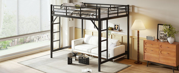 English Elm Queen Iron Loft Bed with Guardrails and Ladder Space Saving Industrial Sleeping Platform W1580P455017