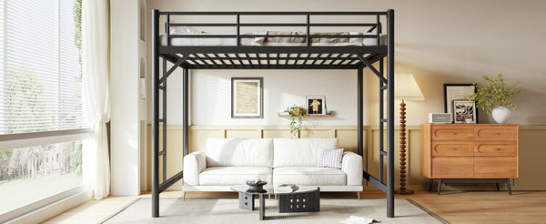 English Elm Queen Iron Loft Bed with Guardrails and Ladder Space Saving Industrial Sleeping Platform W1580P455017