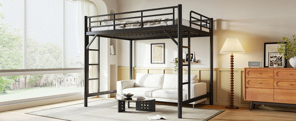 English Elm Queen Iron Loft Bed with Guardrails and Ladder Space Saving Industrial Sleeping Platform W1580P455017
