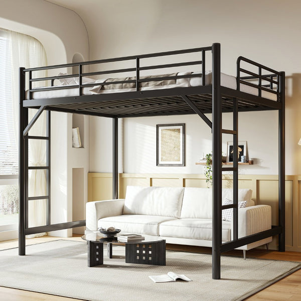 English Elm Queen Iron Loft Bed with Guardrails and Ladder Space Saving Industrial Sleeping Platform W1580P455017