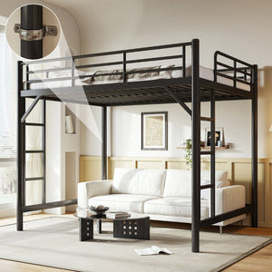 English Elm Queen Iron Loft Bed with Guardrails and Ladder Space Saving Industrial Sleeping Platform W1580P455017