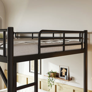 English Elm Queen Iron Loft Bed with Guardrails and Ladder Space Saving Industrial Sleeping Platform W1580P455017