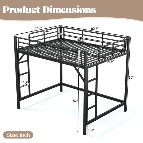 English Elm Queen Iron Loft Bed with Guardrails and Ladder Space Saving Industrial Sleeping Platform W1580P455017