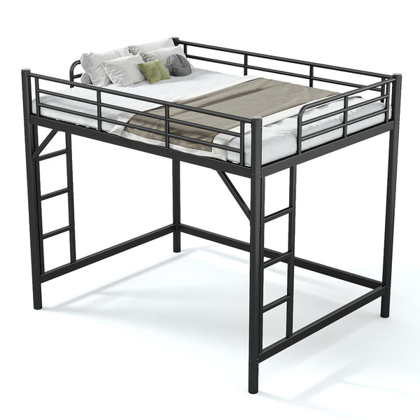 English Elm Queen Iron Loft Bed with Guardrails and Ladder Space Saving Industrial Sleeping Platform W1580P455017