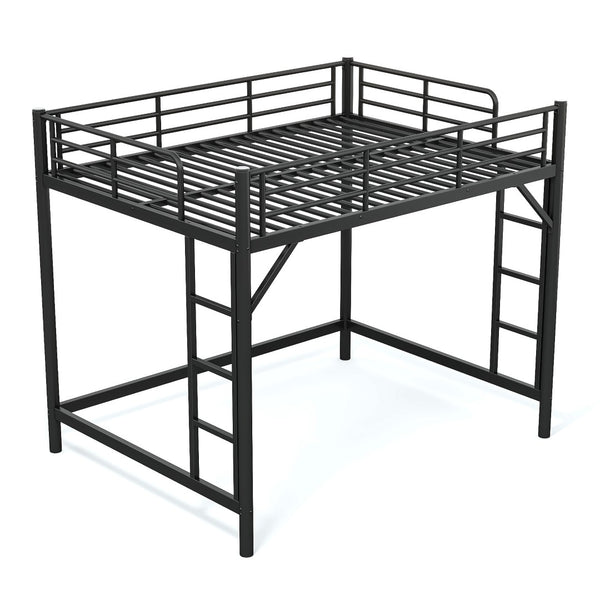 English Elm Queen Iron Loft Bed with Guardrails and Ladder Space Saving Industrial Sleeping Platform W1580P455017