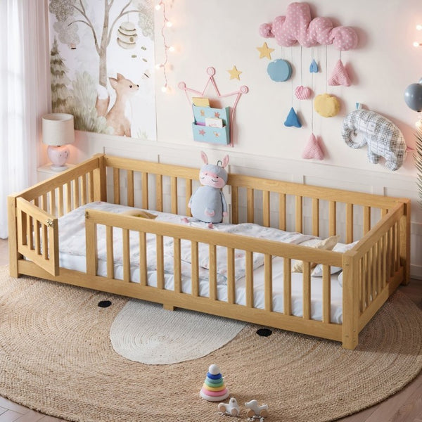 English Elm Twin Floor Bed Pine Wood Frame with Safety Guardrails and Hinged Door for Toddlers W1580P462314