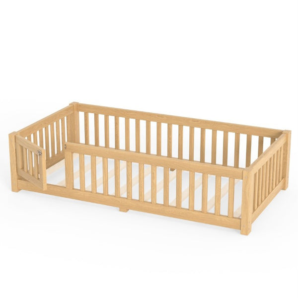 English Elm Twin Floor Bed Pine Wood Frame with Safety Guardrails and Hinged Door for Toddlers W1580P462314