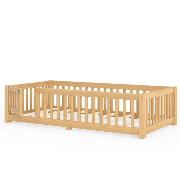 English Elm Twin Floor Bed Pine Wood Frame with Safety Guardrails and Hinged Door for Toddlers W1580P462314