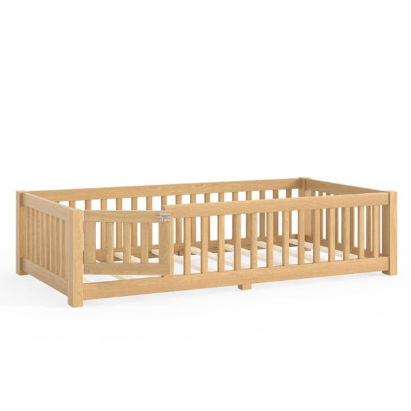English Elm Twin Floor Bed Pine Wood Frame with Safety Guardrails and Hinged Door for Toddlers W1580P462314