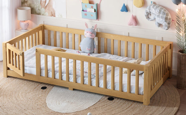 English Elm Twin Floor Bed Pine Wood Frame with Safety Guardrails and Hinged Door for Toddlers W1580P462314
