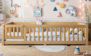 English Elm Twin Floor Bed Pine Wood Frame with Safety Guardrails and Hinged Door for Toddlers W1580P462314