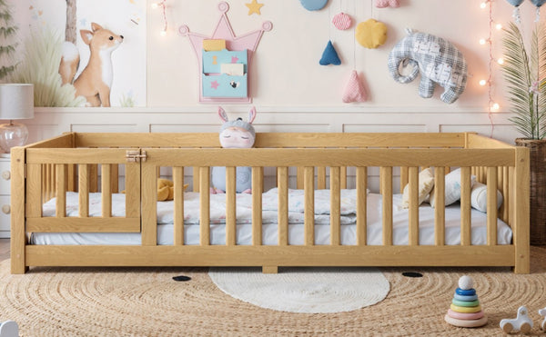 English Elm Twin Floor Bed Pine Wood Frame with Safety Guardrails and Hinged Door for Toddlers W1580P462314