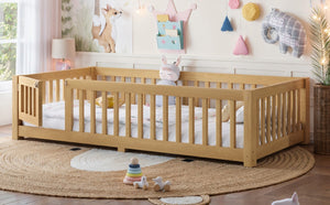 English Elm Twin Floor Bed Pine Wood Frame with Safety Guardrails and Hinged Door for Toddlers W1580P462314