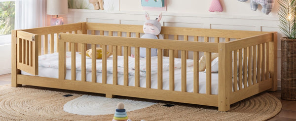 English Elm Twin Floor Bed Pine Wood Frame with Safety Guardrails and Hinged Door for Toddlers W1580P462314