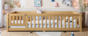 English Elm Twin Floor Bed Pine Wood Frame with Safety Guardrails and Hinged Door for Toddlers W1580P462314