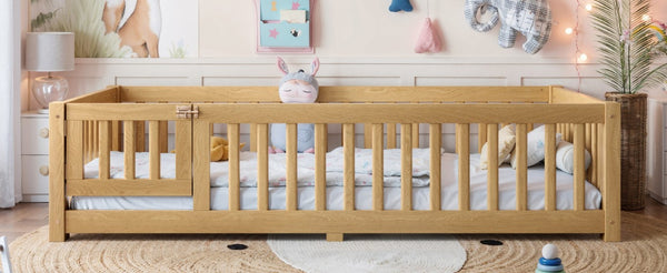 English Elm Twin Floor Bed Pine Wood Frame with Safety Guardrails and Hinged Door for Toddlers W1580P462314