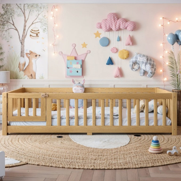 English Elm Twin Floor Bed Pine Wood Frame with Safety Guardrails and Hinged Door for Toddlers W1580P462314