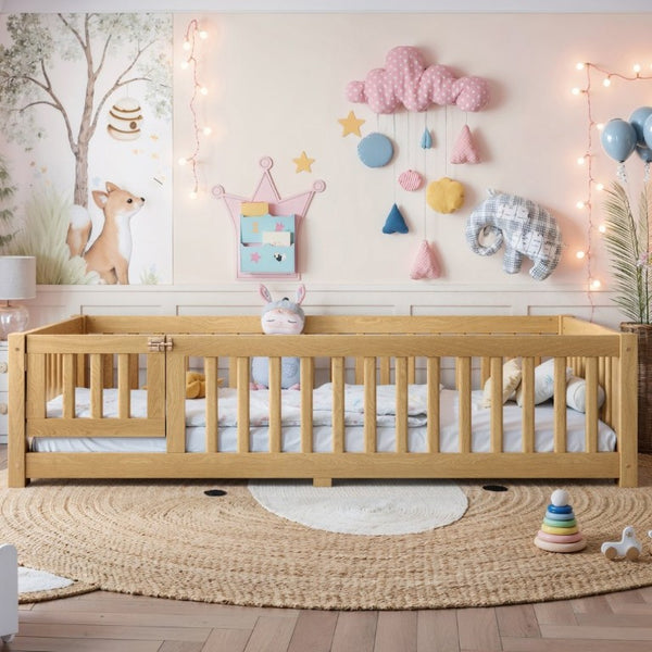 English Elm Twin Floor Bed Pine Wood Frame with Safety Guardrails and Hinged Door for Toddlers W1580P462314