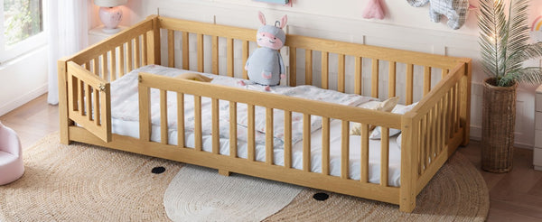 English Elm Twin Floor Bed Pine Wood Frame with Safety Guardrails and Hinged Door for Toddlers W1580P462314