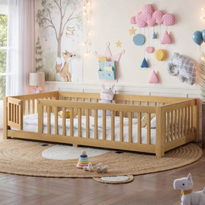 English Elm Twin Floor Bed Pine Wood Frame with Safety Guardrails and Hinged Door for Toddlers W1580P462314
