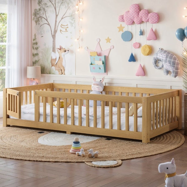 English Elm Twin Floor Bed Pine Wood Frame with Safety Guardrails and Hinged Door for Toddlers W1580P462314