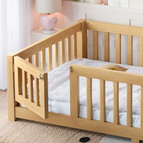 English Elm Twin Floor Bed Pine Wood Frame with Safety Guardrails and Hinged Door for Toddlers W1580P462314