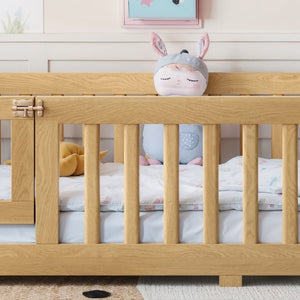 English Elm Twin Floor Bed Pine Wood Frame with Safety Guardrails and Hinged Door for Toddlers W1580P462314