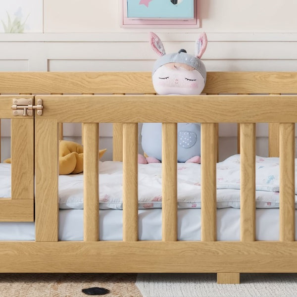 English Elm Twin Floor Bed Pine Wood Frame with Safety Guardrails and Hinged Door for Toddlers W1580P462314