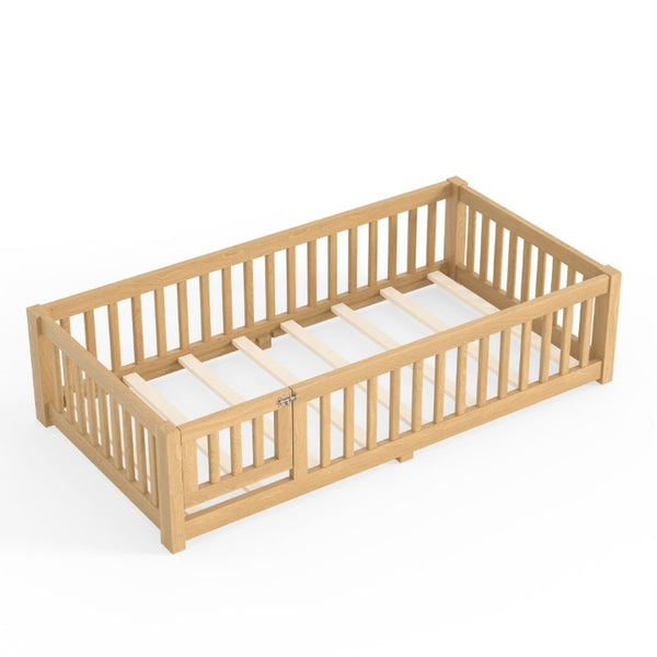 English Elm Twin Floor Bed Pine Wood Frame with Safety Guardrails and Hinged Door for Toddlers W1580P462314