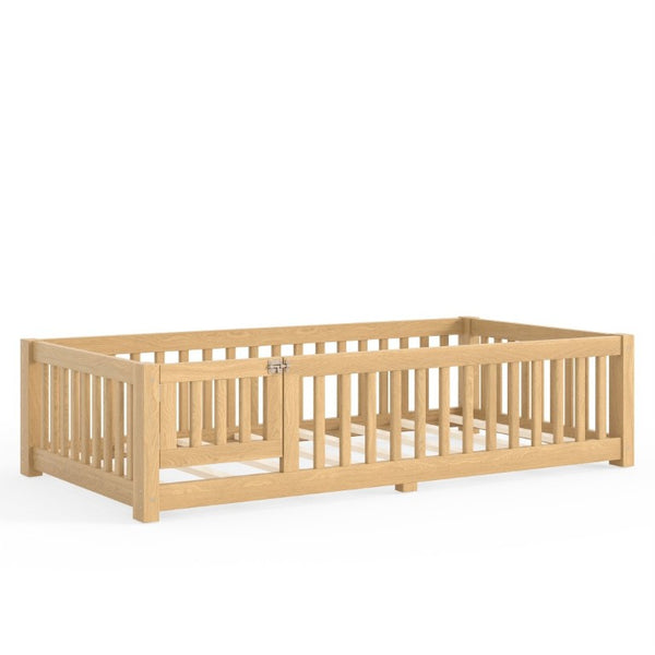 English Elm Twin Floor Bed Pine Wood Frame with Safety Guardrails and Hinged Door for Toddlers W1580P462314