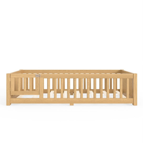 English Elm Twin Floor Bed Pine Wood Frame with Safety Guardrails and Hinged Door for Toddlers W1580P462314