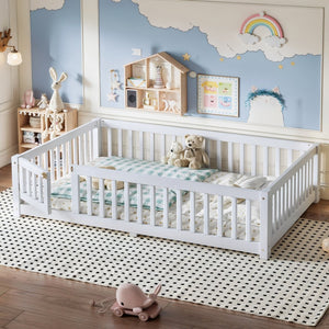 English Elm Full Size Kids Floor Bed Pine Frame with Guardrails Hinged Door Playhouse Design White W1580P462317