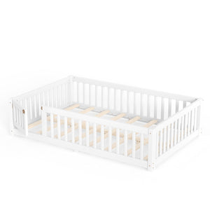 English Elm Full Size Kids Floor Bed Pine Frame with Guardrails Hinged Door Playhouse Design White W1580P462317