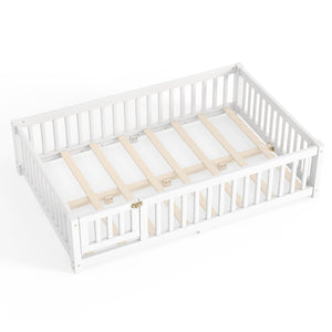 English Elm Full Size Kids Floor Bed Pine Frame with Guardrails Hinged Door Playhouse Design White W1580P462317