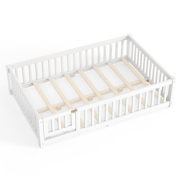 English Elm Full Size Kids Floor Bed Pine Frame with Guardrails Hinged Door Playhouse Design White W1580P462317