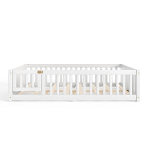 English Elm Full Size Kids Floor Bed Pine Frame with Guardrails Hinged Door Playhouse Design White W1580P462317