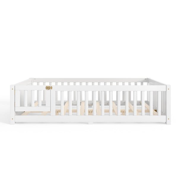 English Elm Full Size Kids Floor Bed Pine Frame with Guardrails Hinged Door Playhouse Design White W1580P462317