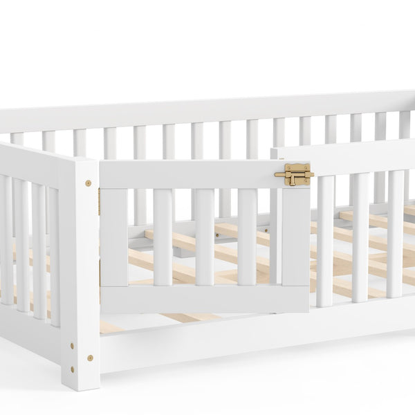 English Elm Full Size Kids Floor Bed Pine Frame with Guardrails Hinged Door Playhouse Design White W1580P462317